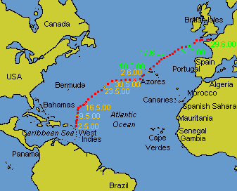Noon Positions during Atlantic Crossing, West to East