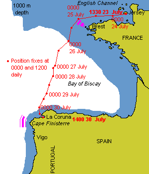 Our route across Biscay in July 1999
